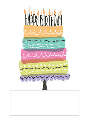 Birthday card: a tall layered cake with lit candles under hand-lettered "Happy Birthday", over a blank message panel.