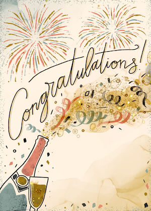 Congratulations card: a champagne bottle and glass beneath gold fireworks.