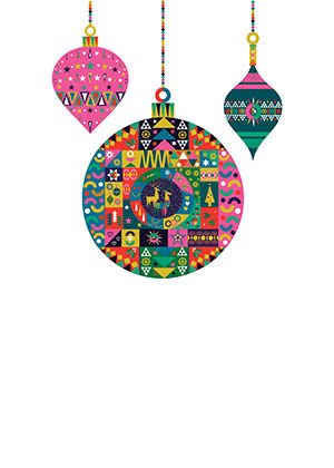 Happy Holidays card: three patterned baubles hanging on cords.