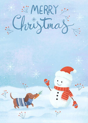 Merry Christmas card: a snowman and a dachshund in falling snow.