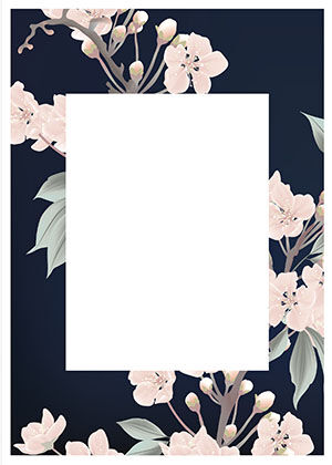 Wedding card: pale blossom and eucalyptus on navy, framing a blank message panel.